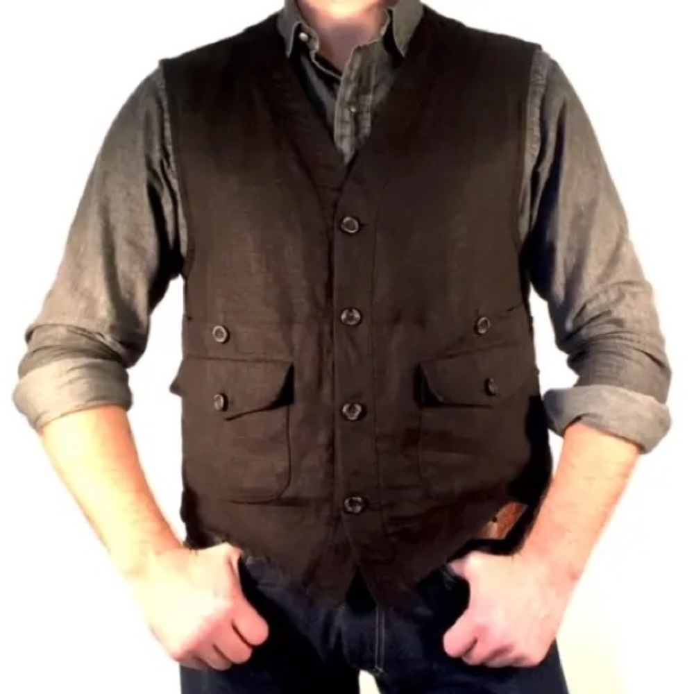 Japanese style Handcrafted vest black linen. Made in USA Rokotov & Fainberg